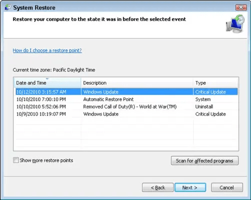 System Restore in the search results 